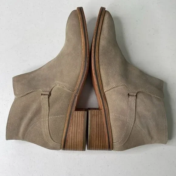 Diba True Caspian Suede Distressed Pull-On Bootie Low Stack Heel Square Toe Beig